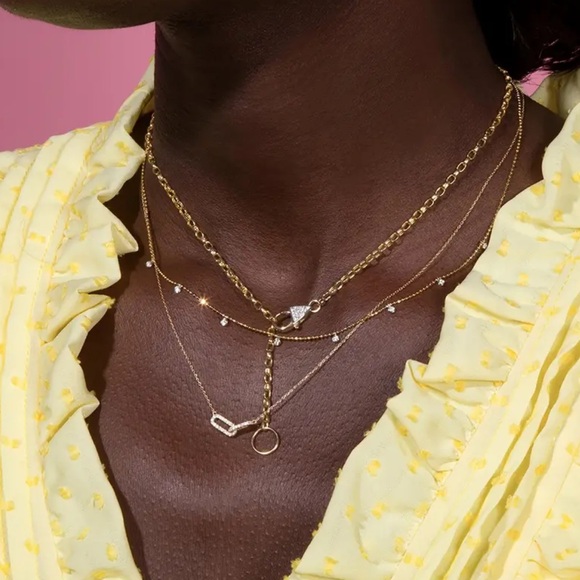 Entangled Dainty Sterling Double Chain Link Necklace Silver with Faux Diamonds - Picture 4 of 5